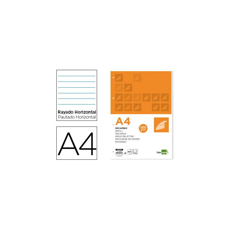 Recambio liderpapel a4 100 hojas 100gr rayado horizontal con margen 4 taladros