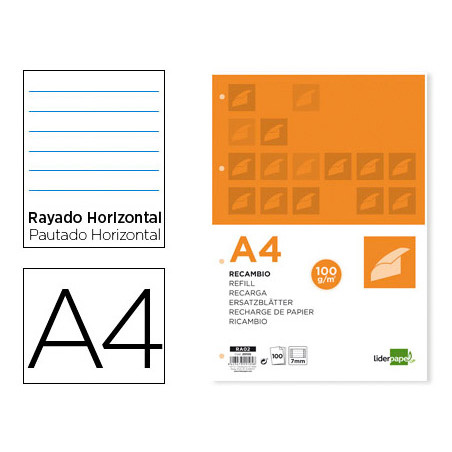 Recambio liderpapel a4 100 hojas 100 g/m2 rayado horizontal con margen 4 taladros