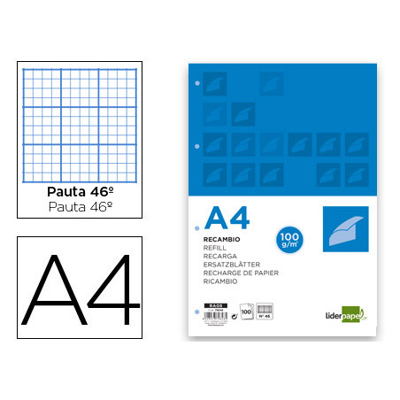 Recambio liderpapel a4 100 hojas 100g/m2 rayado nº 46 4 taladros