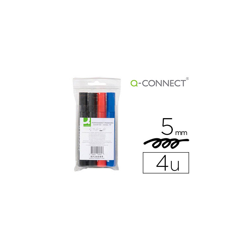 Rotulador q-connect marcador permanente estuche de 4 colores surtidos punta biselada 5.0 mm Rotulador q-connect marcador permanente estuche de 4 colores surtidos punta biselada 5.0 mm