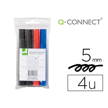 Rotulador q-connect marcador permanente estuche de 4 colores surtidos punta biselada 5.0 mm