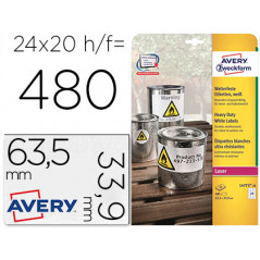 Etiqueta adhesiva avery poliester blanco 63,5x33,9 mm para impresora laser pack de 480 unidades