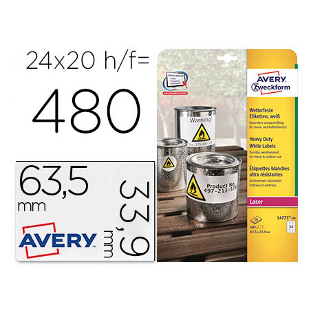 Etiqueta adhesiva resistente avery poliester blanco 3,9 mm 63,5x33,9 mm laser pack de 480unidades