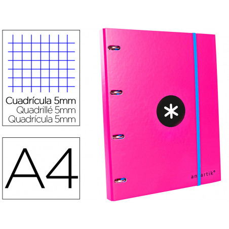 Carpeta con recambio liderpapel antartik a4 cuadro 5 mm forrada 4 anillas 25mm color rosa