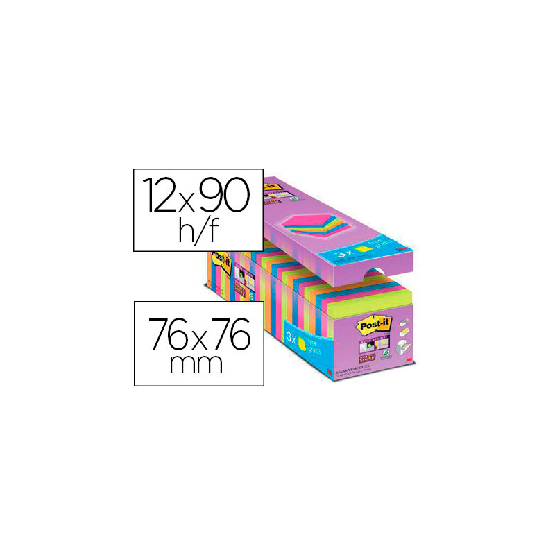 Bloc de notas adhesivas quita y pon post-it super sticky 76x76 mm 90 hojas colores surtidos pack de 21 + 3