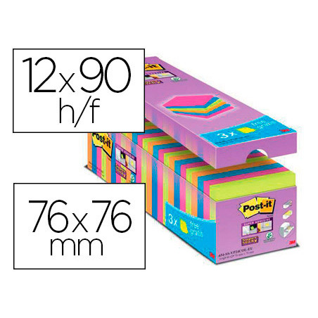 Bloc de notas adhesiva quita y pon post-it super sticky 76x76 mm 90 hojas colores surtidos pack de 21 + 3