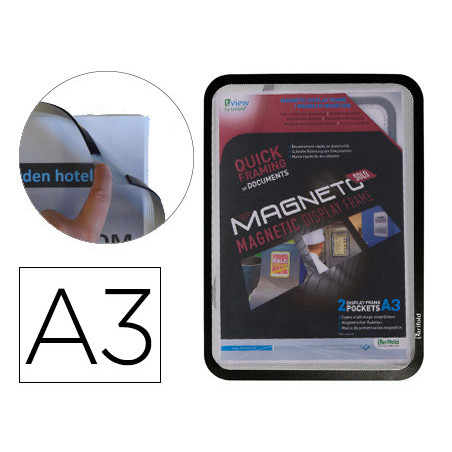 Marco porta anuncios tarifold magneto din a3 con 4 bandas magneticas en el dorso color negro pack de 2 unidades