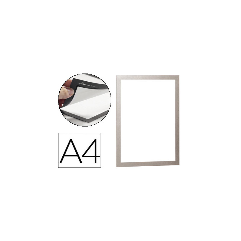 Marco porta anuncios durable magnetico din a4 dorso adhesivo removible color plata pack de 2 unidades