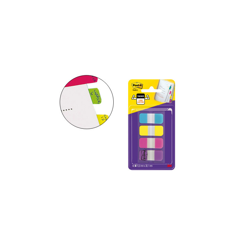 Banderitas separadoras rigidas dispensador 4 colores amarillo azul rosa y violeta post-it index 676-aypv-eu