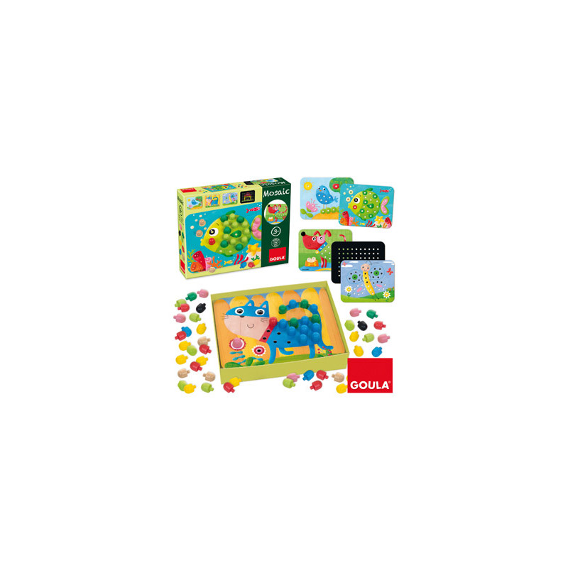 Juego goula didactico mosaico con pivotes de colores y laminas de animales +3 años