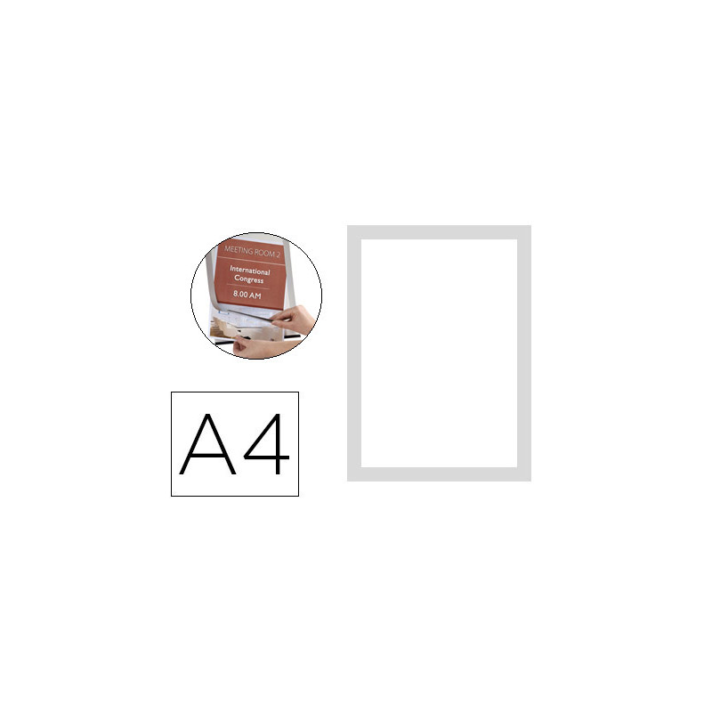 Marco porta anuncios q-connect magneto din a4 dorso adhesivo removible color plata pack de 2 unidades