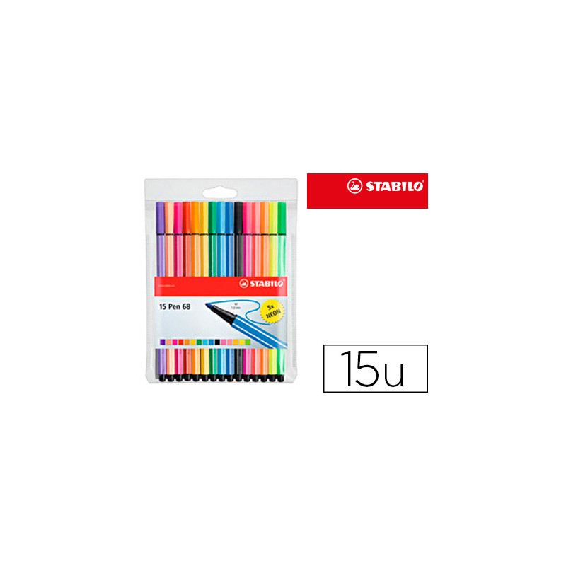 Rotulador stabilo acuarelable pen 68 estuche de 10 colores estandar + 5 colores neon