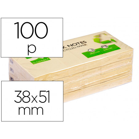 Bloc de notas adhesivas quita y pon q-connect 38x51 mm papel reciclado amarillo con 100 hojas