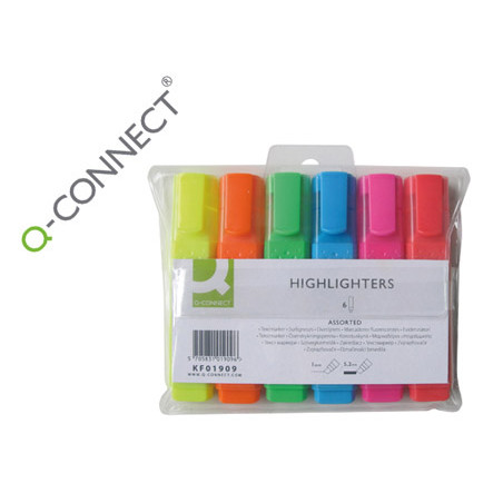 Rotulador q-connect fluorescente punta biselada caja de 6 unidades colores surtidos