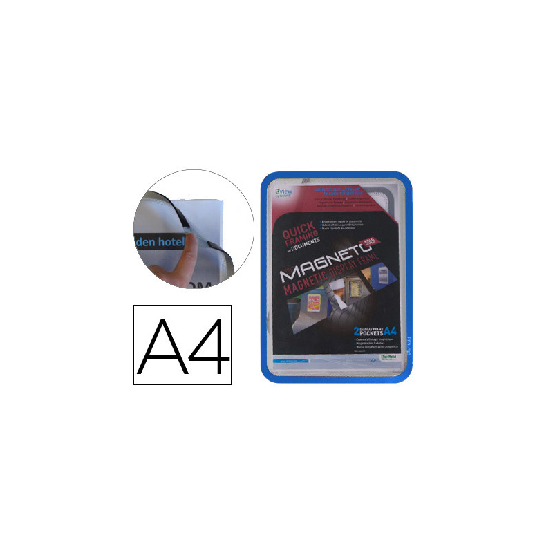 Marco porta anuncios djois magneto din a4 con 4 bandas magneticas en el dorso color azul pack de 2 unidades