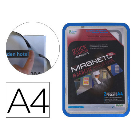 Marco porta anuncios djois magneto din a4 con 4 bandas magneticas en el dorso color azul pack de 2 unidades
