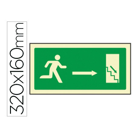 Pictograma syssa señal de salida emergencia derecha escalera bajando en pvc fotoluminiscente 320x160 mm