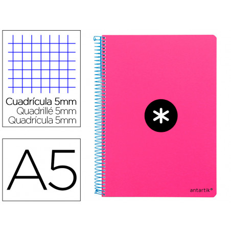 Cuaderno espiral antartik a5 tapa dura 80h 100 g cuadro 5mm con margen color rosa fluor