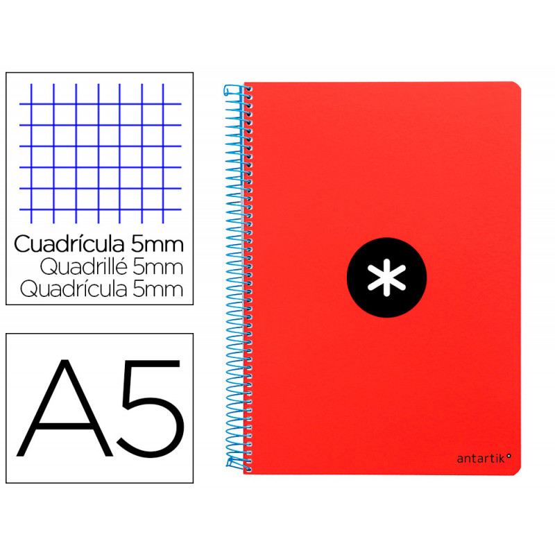Cuaderno espiral antartik a5 tapa dura 80h 100 gr cuadro 5mm con margen color rojo