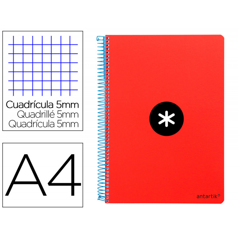 Cuaderno espiral liderpapel a4 micro antartik tapa dura 80h 100 gr cuadro 5mm sin bandas 4 taladros color rojo