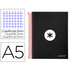 Cuaderno espiral liderpapel a5 micro antartik tapa forrada 120h 100 gr cuadro5mm 5 bandas 6 taladros color negro