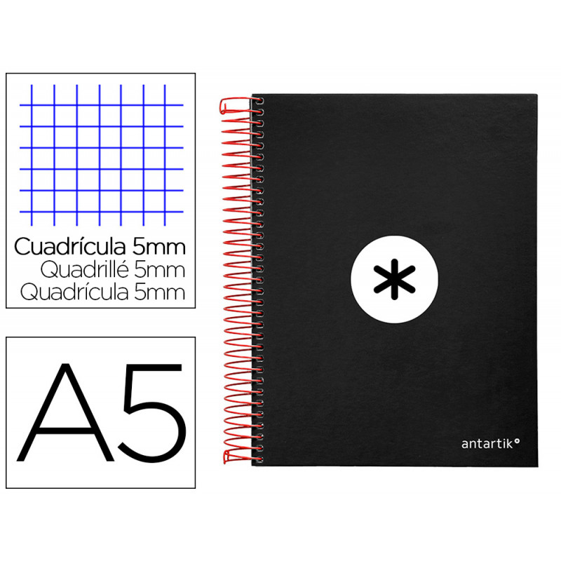 Cuaderno espiral a5 micro antartik tapa forrada120h 90 gr cuadro 5mm 5 bandas6 taladros color negro