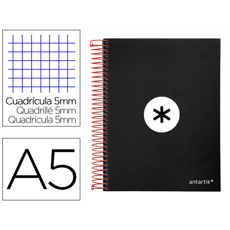 Cuaderno espiral liderpapel a5 micro antartik tapa forrada120h 90 gr cuadro 5mm 5 bandas6 taladros color negro