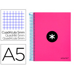 Cuaderno espiral liderpapel a5 micro antartik tapa forrada 120h 100 gr cuadro5mm 5 bandas 6 taladros color rosa