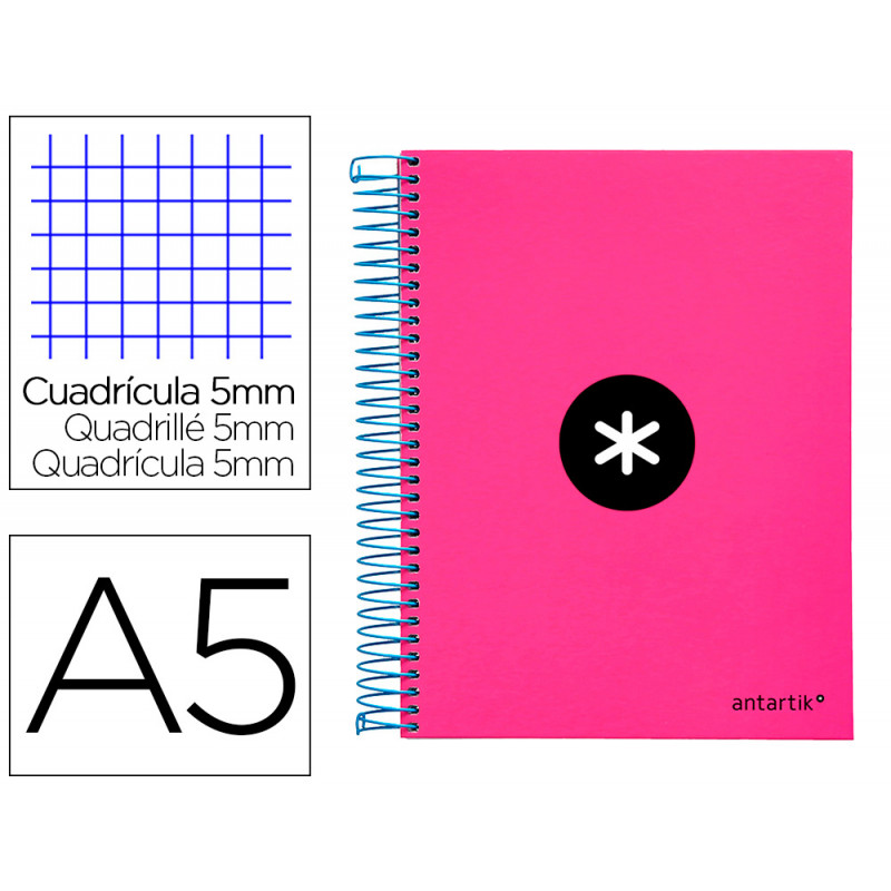 Cuaderno espiral a5 micro antartik tapa forrada 120h 90 gr cuadro 5mm 5 banda s 6 taladros color rosa