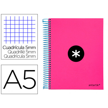 Cuaderno espiral a5 micro antartik tapa forrada 120h 90 gr cuadro 5mm 5 banda s 6 taladros color rosa
