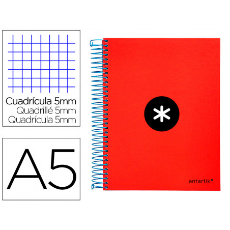 Cuaderno espiral liderpapel a5 micro antartik tapa forrada120h 90 gr cuadro 5mm 5 bandas6 taladros color rojo