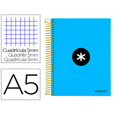 Cuaderno espiral liderpapel a5 micro antartik tapa forrada 120h 100 gr cuadro5mm 5 bandas 6 taladros color azul