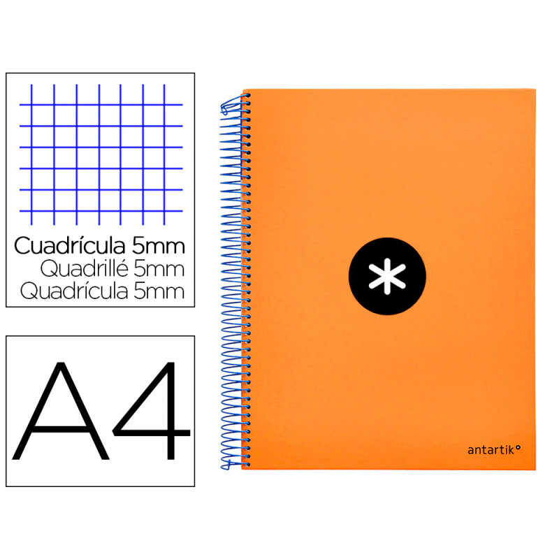 Cuaderno espiral liderpapel a4 micro antartik tapa forrada 120h 100 gr cuadro5mm 5 bandas 4 taladros color naranja flulu