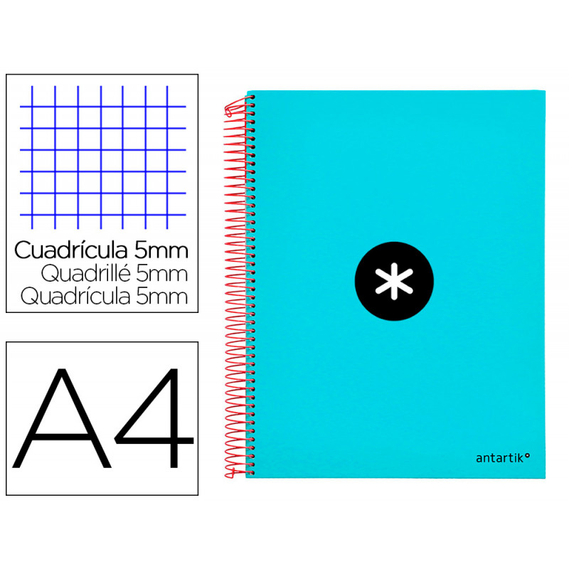 Cuaderno espiral liderpapel a4 micro antartik tapa forrada 120h 100 gr cuadro5mm 5 bandas 4 taladros color turquesa