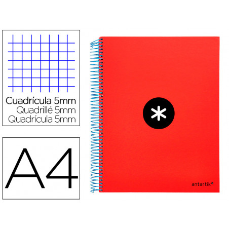 Cuaderno espiral liderpapel a4 micro antartik tapa forrada 120h 100 gr cuadro5mm 5 bandas 4 taladros color rojo