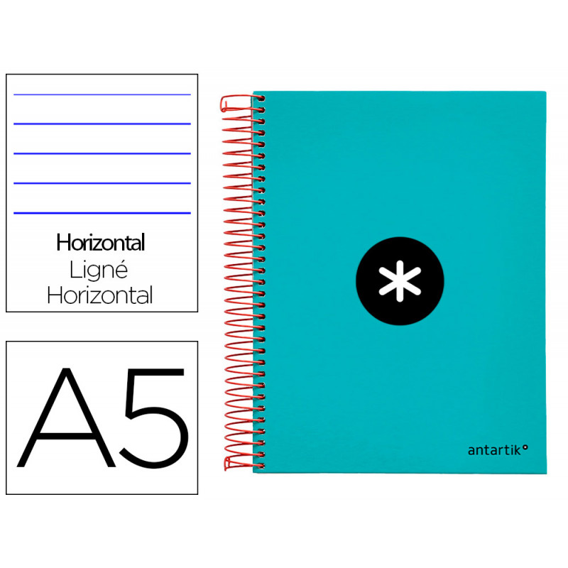 Cuaderno espiral liderpapel a5 micro antartik tapa forrada 120h 100 gr horizontal 5 bandas 6 taladros color turquesa