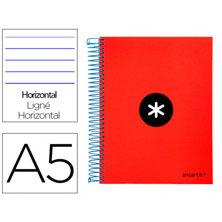 Cuaderno espiral liderpapel a5 micro antartik tapa forrada 120h 100 gr horizontal 5 bandas 6 taladros color rojo.