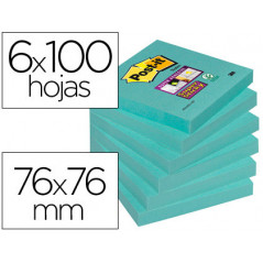 Bloc de notas adhesivas quita y pon post-it super stick 76x76 mm pack de 6 bloc color agua marina
