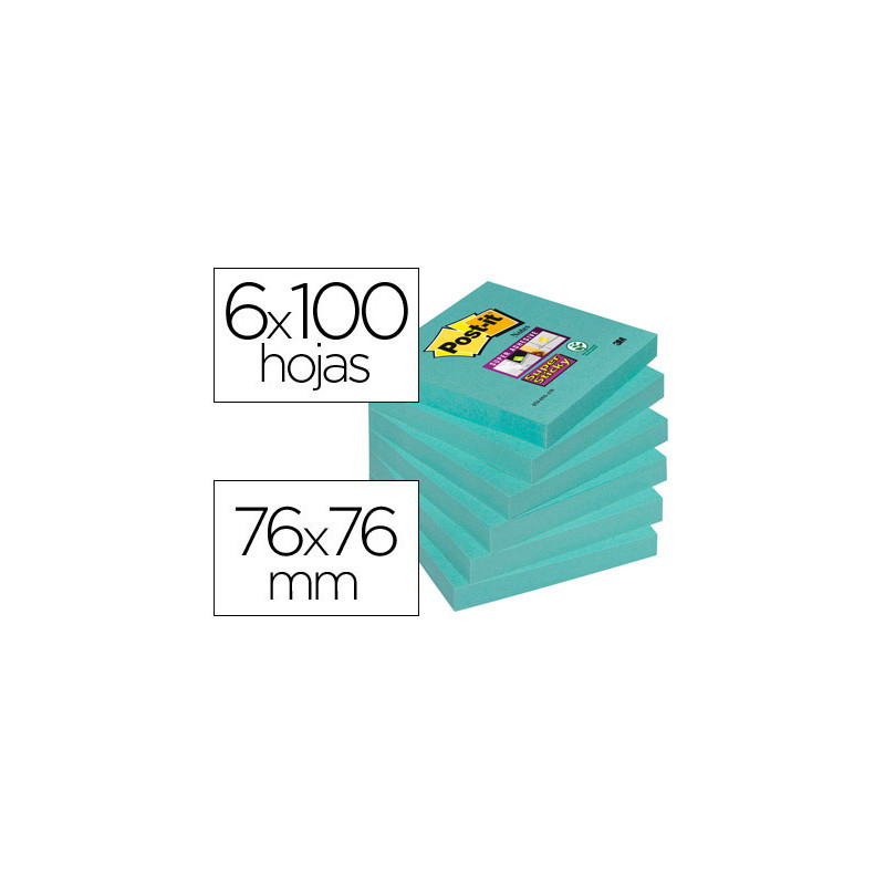 Bloc de notas adhesivas quita y pon post-it super stick 76x76 mm pack de 6 bloc color agua marina