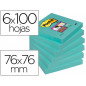 Bloc de notas adhesivas quita y pon post-it super stick 76x76 mm pack de 6 bloc color agua marina