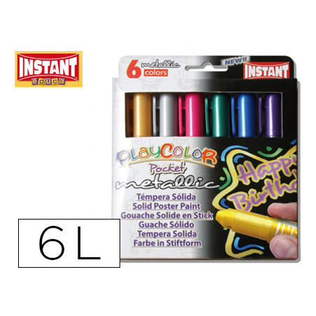 Tempera solida en barra playcolor pocket escolar caja de 6 colores metalizados