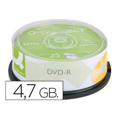 Dvd-r q-connect con superficie 100% imprimible para inkjet capacidad 4,7gb duracion 120mivelocidad 16x bote de 25 unid