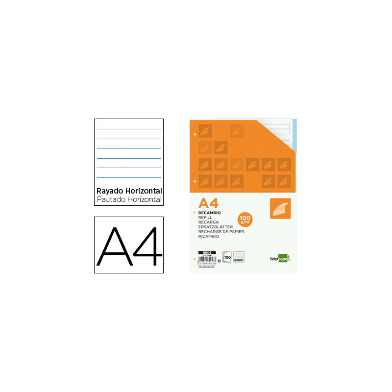 Recambio liderpapel a4 100 hojas 100gr rayado horizontal 4 taladros bandas de 5 colores