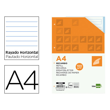 Recambio liderpapel a4 100 hojas 100 g/m2 rayado horizontal 4 taladros bandas de 5 colores