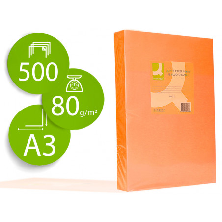 Papel color q-connect din a3 80gr naranja neon paquete de 500 hojas
