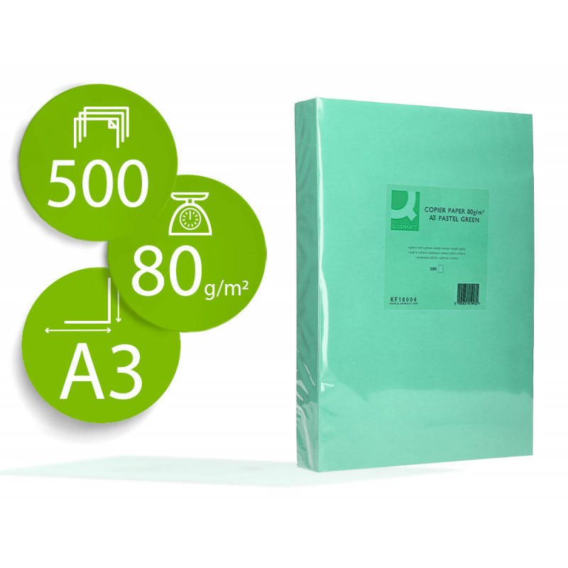 Papel color q-connect din a3 80gr verde paquete de 500 hojas