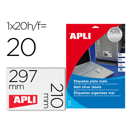 Etiqueta adhesiva apli 10071 metalizada tamaño 210x297 mm para fotocopiadora laser caja 20 hojas con 20