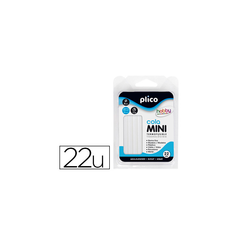 Barra termofusible plico mini translucida 8 mm de diametro x 95 mm de alto blister de 22 unidades