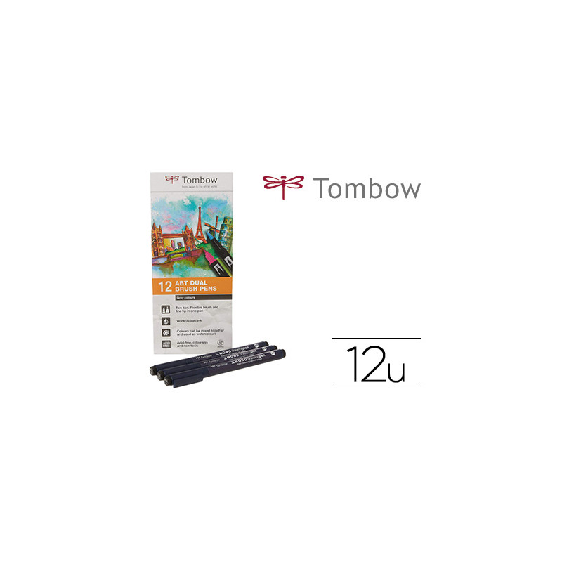 Rotulador tombow abt dual brush acuarelable doble punta fina/pincel estuche de 12 unidades colores primarios