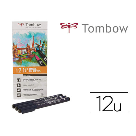 Rotulador tombow acuarelable doble punta pincel colores primarios estuche de 12 unidades colores surtidos